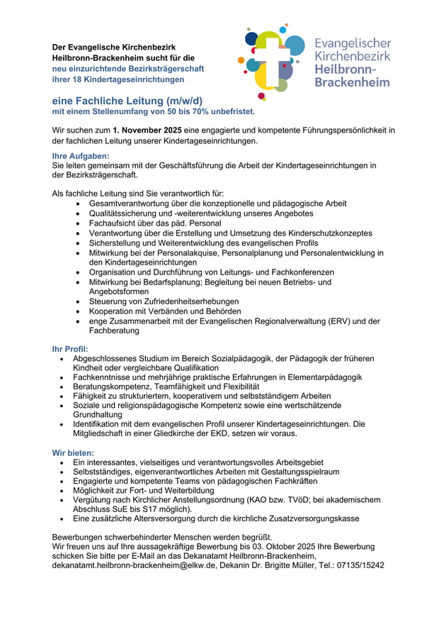 Fachliche Leitung für Bezirksträgerschaft Kindergarten 50 bis 70 %