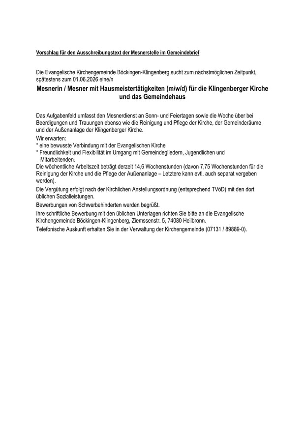 Mesnerin/Mesner mit Hausmeistert&auml;tigkeiten f&uuml;r die Klingenberger Kirche und das Gemeindehaus