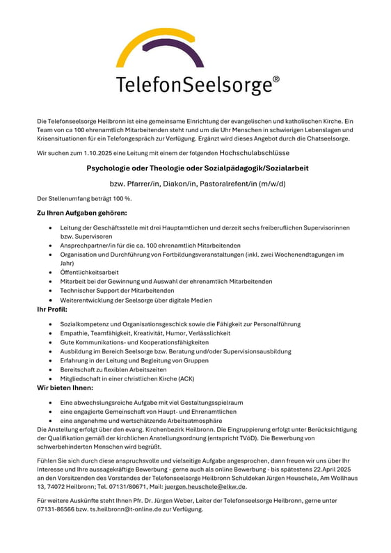 Stellenangebot Telefonseelsorge Heilbronn
